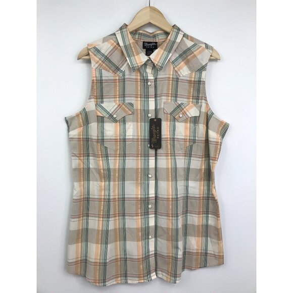 Wrangler Retro Womans Sleeveless Snap Western Shirt Snap Plaid Orange XL NEW - Picture 1 of 5